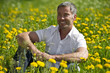 Junger Sportlicher Mann sitzt in der Wiese.