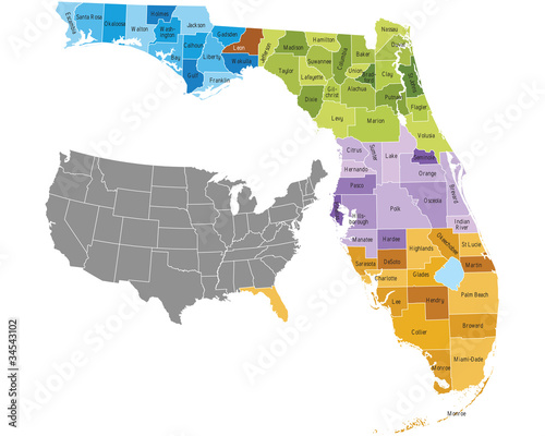 Vector: Florida state counties map with boundaries and names Florida state counties map with boundaries and names