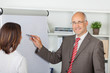lächelnder geschäftsmann erklärt etwas am flipchart