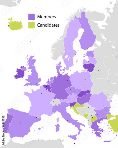 Vector: European Union members and candidates, country silhouettes European Union members and candidates, country silhouettes