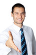 Portrait of businessman giving hand for handshake, isolated