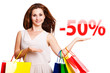 Frau zeigt -50% Angebot