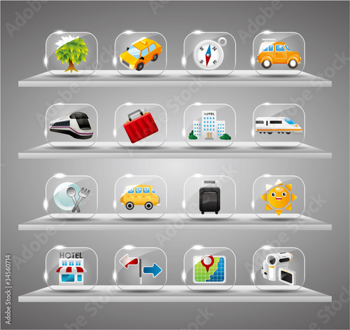 Vector: Cute travel icons collection,Transparent glass button Cute travel icons collection,Transparent glass button