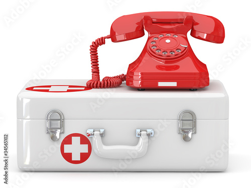 Illustration: Helpline.Services. Phone on medical kit Helpline.Services. Phone on medical kit