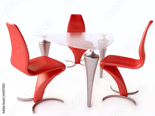 Illustration: Modern Table and Red Chairs in Metal and Plastic Modern Table and Red Chairs in Metal and Plastic