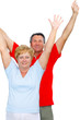 Elderly couple hands-up.