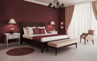Classic, red, luxury bedroom, with chandelier and sofa