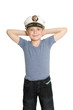 Smiling boy with arms raised. His cap emblem of Russia.