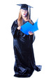 Girl with bachelor hat and graduation gown on isolated white