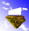 Advertising billboard on island floating in sky above and betwee