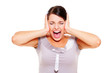 stressful woman covering her ears stressful woman covering her ears