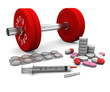 Pills and a syringe and dumbbell as a symbol of doping in sport