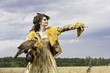 The woman in a beautiful old style dress with falcon has a rest The woman in a beautiful old style dress with falcon has a rest