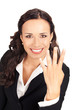 Businesswoman showing four fingers, on white Businesswoman showing four fingers, on white
