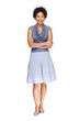 Relaxed young woman standing on white background