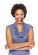 Beautiful young woman smiling and wearing a headset