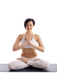woman sit in yoga pose - lotos on rubber mat