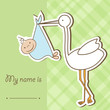 Baby arrival card with stork that brings a cute boy
