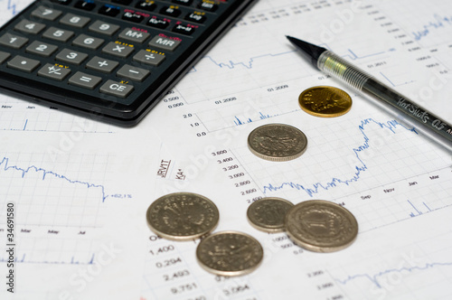 Photo: Calculator, money, graph and pencil Calculator, money, graph and pencil