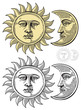 Vector illustration of Moon and Sun with faces