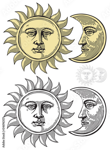 Vector: Vector illustration of Moon and Sun with faces Vector illustration of Moon and Sun with faces