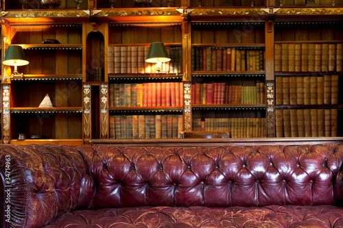 Photo: Leather sofa and retro library Leather sofa and retro library