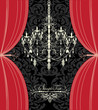 red curtain and chandelier on floral background