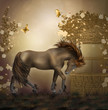 horse in a roses garden