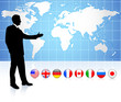 Businessman presenting world map with internet flag buttons
