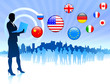 Businesswoman on Skyline Background with Internet Flag Buttons