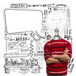 male in red and lamp-head with speech bubble male in red and lamp-head with speech bubble
