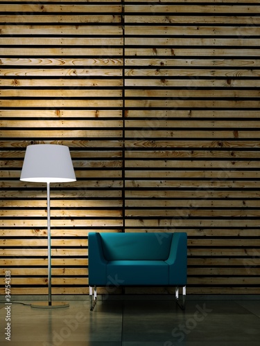 Photo: Wohndesign - blauer Sessel vor Holzwand Wohndesign - blauer Sessel vor Holzwand