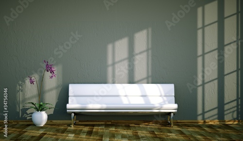 Illustration: Wohndesign - weisse Bank vor grauer Wand Wohndesign - weisse Bank vor grauer Wand