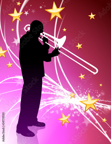 Vektor: Trumpet Musician on Abstract Light Background with Stars Trumpet Musician on Abstract Light Background with Stars