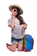 Little girl with travel bag with her finger up