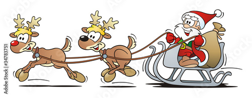Illustration: Santa with 2 Reindeers and Sledge / isolated Santa with 2 Reindeers and Sledge / isolated
