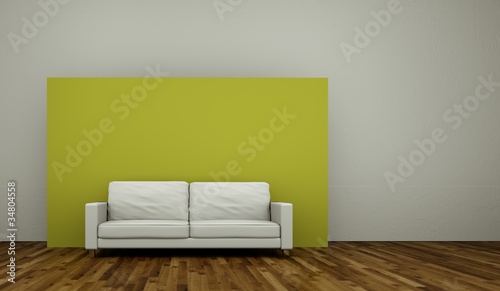 Illustration: Wohndesign - weisses Sofa vor grüner Dekowand Wohndesign - weisses Sofa vor grüner Dekowand