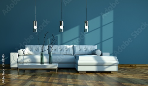 Illustration: Wohndesign - weißes Sofa vor blauer Wand Wohndesign - weißes Sofa vor blauer Wand