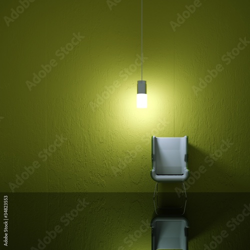Illustration: Wohndesign - beleuchteter Stuhl vor grüner Wand Wohndesign - beleuchteter Stuhl vor grüner Wand