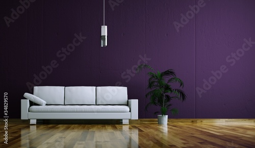 Illustration: Wohndesign - weißes Sofa vor lila Wand Wohndesign - weißes Sofa vor lila Wand