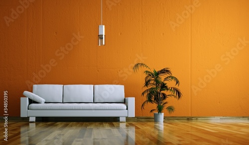 Illustration: Wohndesign - weißes Sofa vor orangener Wand Wohndesign - weißes Sofa vor orangener Wand