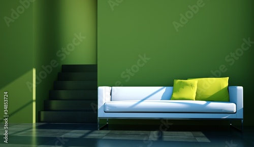 Illustration: Wohndesign - weißes Sofa vor grüner Wand Wohndesign - weißes Sofa vor grüner Wand