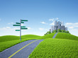 Sign arrow and road in city