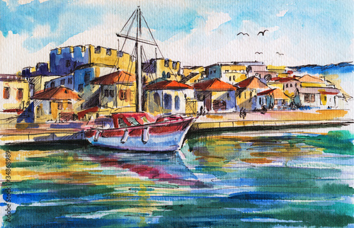 Illustration: Landscape with boat in harbor Landscape with boat in harbor