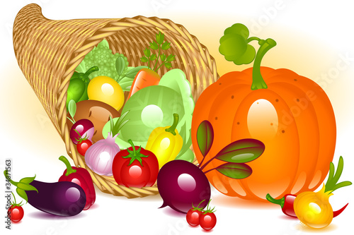Vector: Cornucopia with pumpkin. Collection of vegetables Cornucopia with pumpkin. Collection of vegetables
