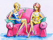 Two woman on a pink sofa. Two woman on a pink sofa.