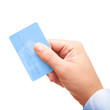 Photo: Businessman's hand holding blue plastic credit card Businessman's hand holding blue plastic credit card