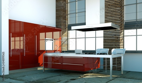 Photo: Küchendesign - rote Küche im Loft Küchendesign - rote Küche im Loft