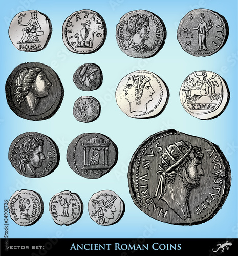 Vector: Engraving vintage ancient roman coins set Engraving vintage ancient roman coins set