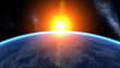 Sunrise with shiny lighting effects, stars, clouds ...